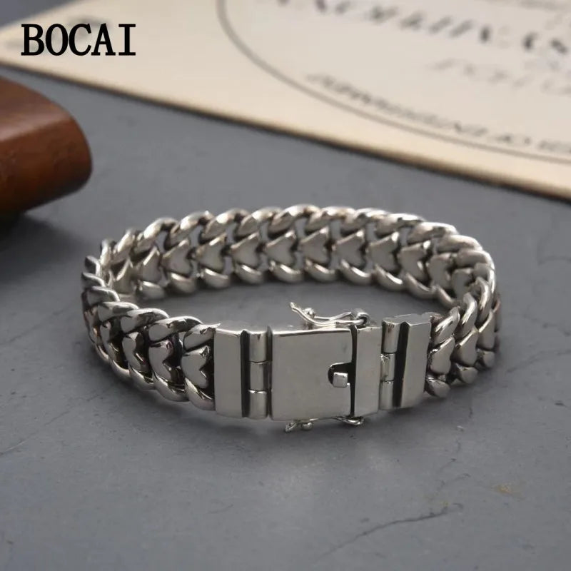 BOCAI S925 Sterling Silver Personalized Domineering Punk Style Fashionable 16mm Heart-shaped Strap Bracelet- Men's