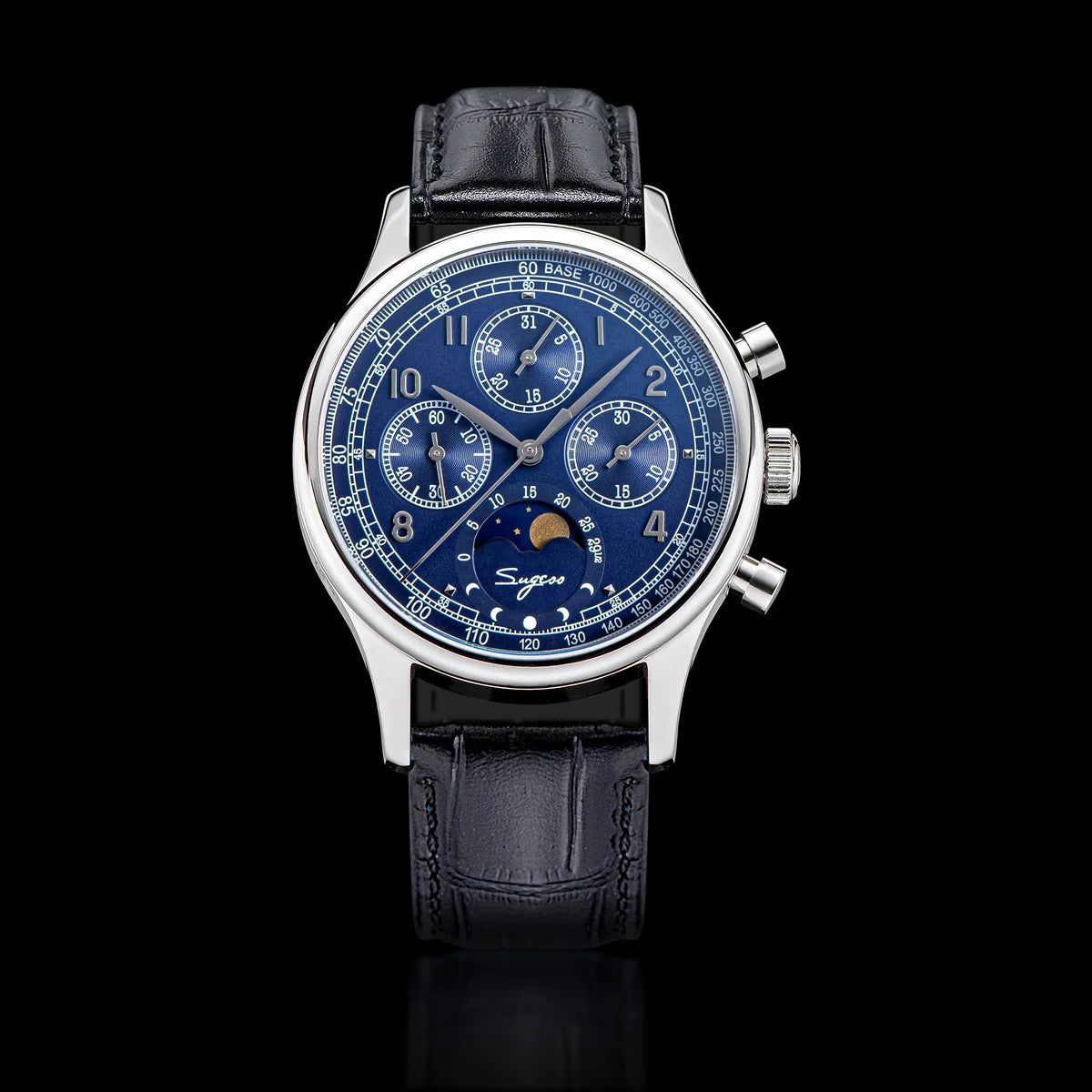 Sugess Watch of Men Chronograph Tianjin ST1908 Swanneck Movement Moon phase Business Mechanical Wristwatches with Sapphire Lens.