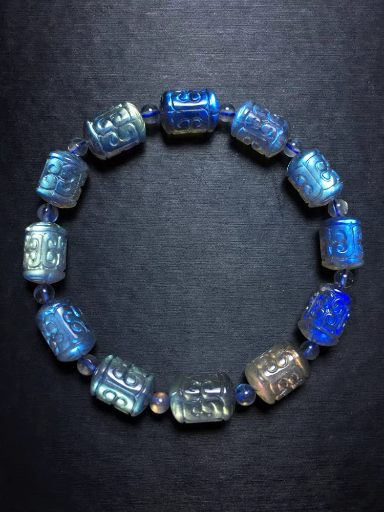 Natural Blue Labradorite Clear Barrel Beads Bracelet 9.5mm for Men- Carved Gemstone Grey Moonstone 9mm 10mm 11mm 12mm AAAAAA