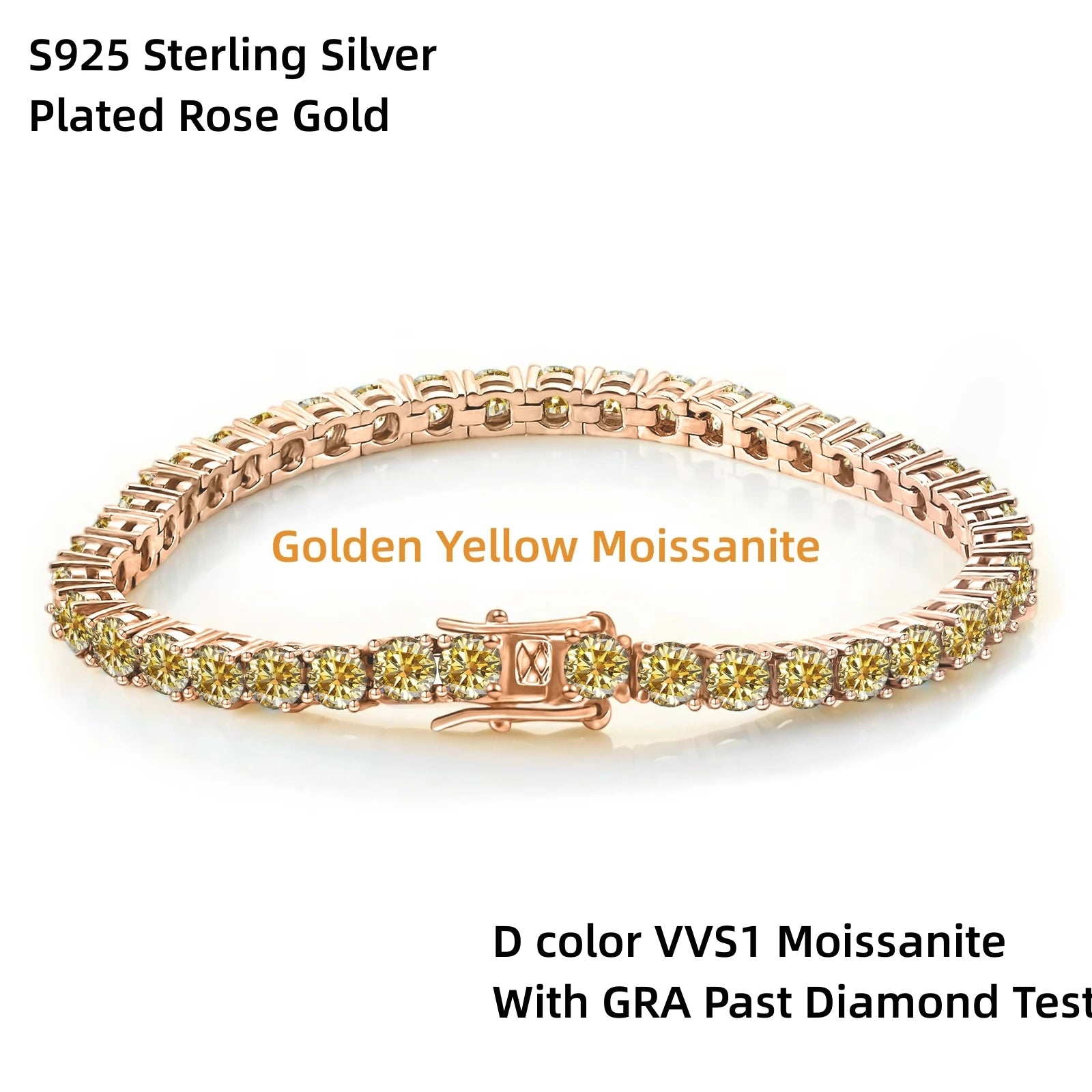 Butterflykiss Luxury GRA Golden Yellow 5/6.5mm Moissanite Tennis Bracelet For Men- S925 Sterling Silver Plated Rose Gold