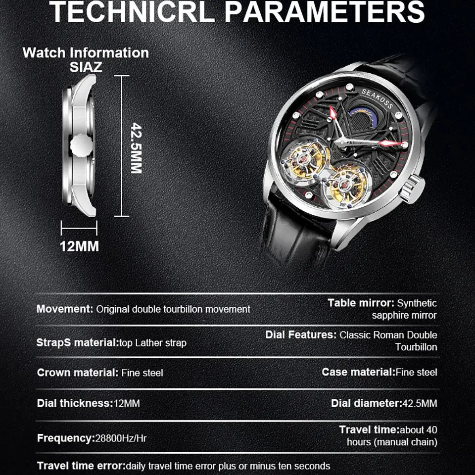 SEAKOSS Top Brand Double Tourbillon Men's Mechanical Watches- Hand Winding Movement Men`s Wristwatches with Sapphire Luminous Waterproof Lens.