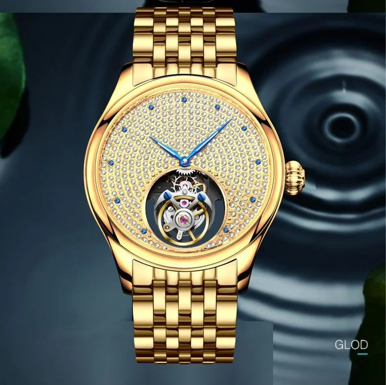 AESOP Luxury Starry Sky Men's Tourbillon Mechanical Watch, Manual movement Hollow Full Diamond Steel Watch, 3Bar Leather Strap A