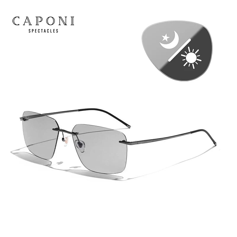 CAPONI Pure Titanium Photochromic Sunglasses- Rimless Polarized Driving Men's Sun Glasses with Ultra Light UV400 Brand Shades BS28923