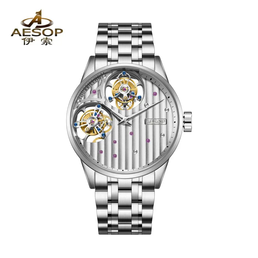 AESOP New Double Tourbillon Movement Mechanical Watches For Men- Male Skeleton Wrist Watch with Luxury Waterproof Sapphire Mirror Lens.