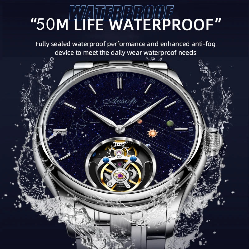 Super AESOP Flying Tourbillon Watch for Men- Milky Way Star Sapphire Dial Luxury Steel Band Mechanical WristWatches 1963