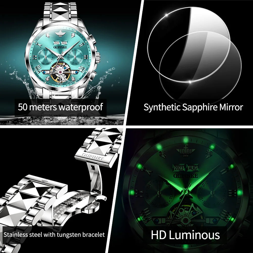 OUPINKE 3186 Luxury Hollow Mechanical Watch For Men -Auto Date Deep Waterproof Wristwatch and Top Brand Roman Scale Dress Watch