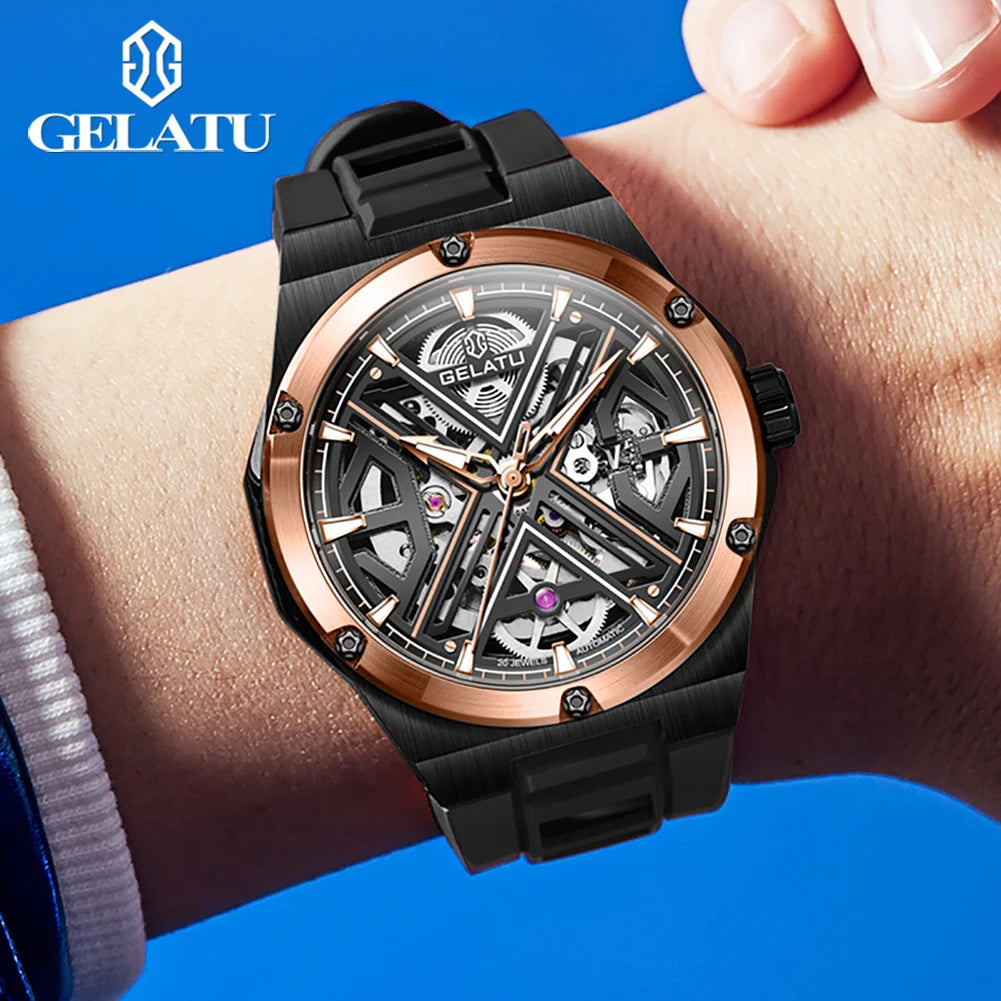 GELATU 6006 Original Deep Waterproof Men`s Mechanical Wristwatch- Hollow Skeleton Sapphire Mirror Luxury Automatic Watch.
