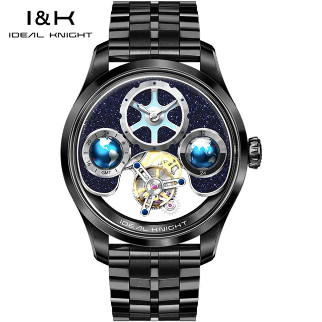 IDEAL KNIGHT 6805 Tourbillon Automatic Mechanical Watch for Men- GMT Multi Temporal Zone Setting High-End Luxury Men`s Wrist Watch