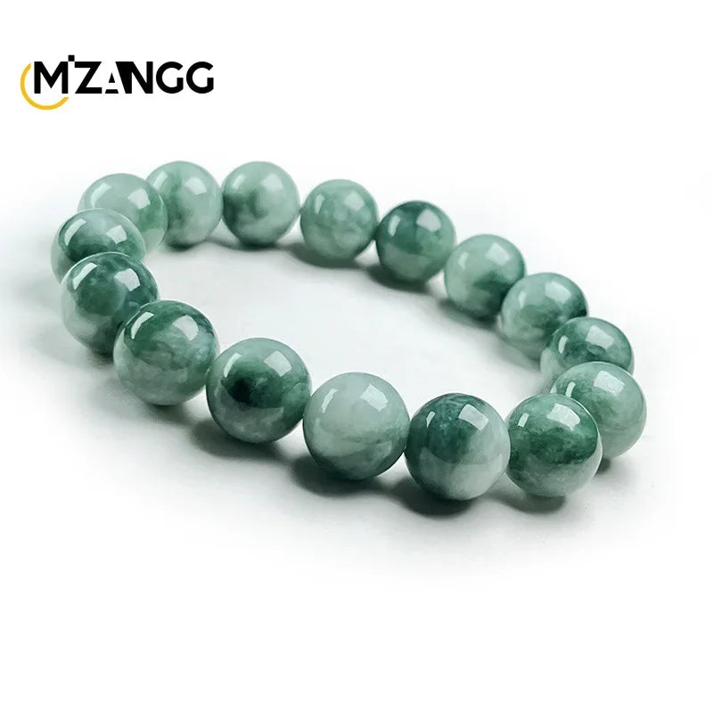 Natural Myanmar Floating Green Flower Jadeite Round Beads String High-Grade Fashion Unisex Bracelet
