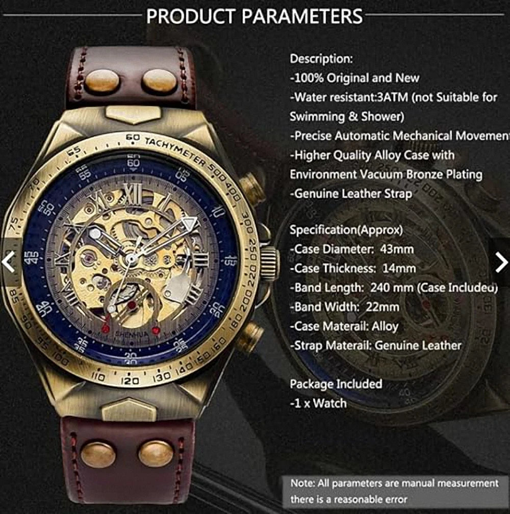 Bronze Retro Skeleton Automatic Steampunk Mechanical Luminous Watch for Men