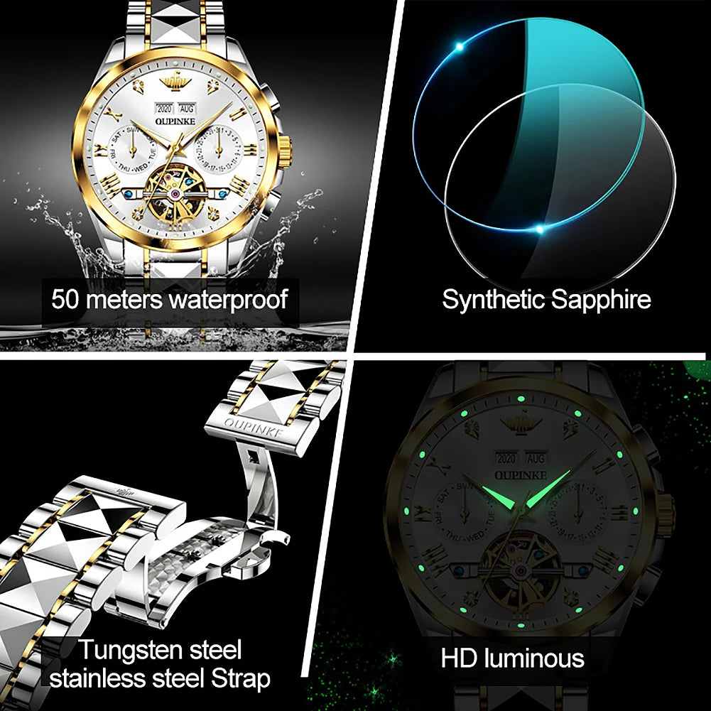 OUPINKE Original Automatic Mechanical Watch for Men- High-End Tourbillon Skeleton Men's Watches Top Luxury Dress Wristwatches