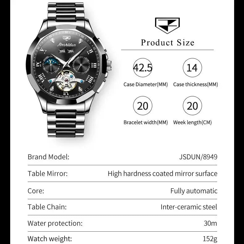 JSDUN Moon Phase Men's Automatic Elegant Chronograph Watch with Ceramic Strap - DeRae's Shop For Goods