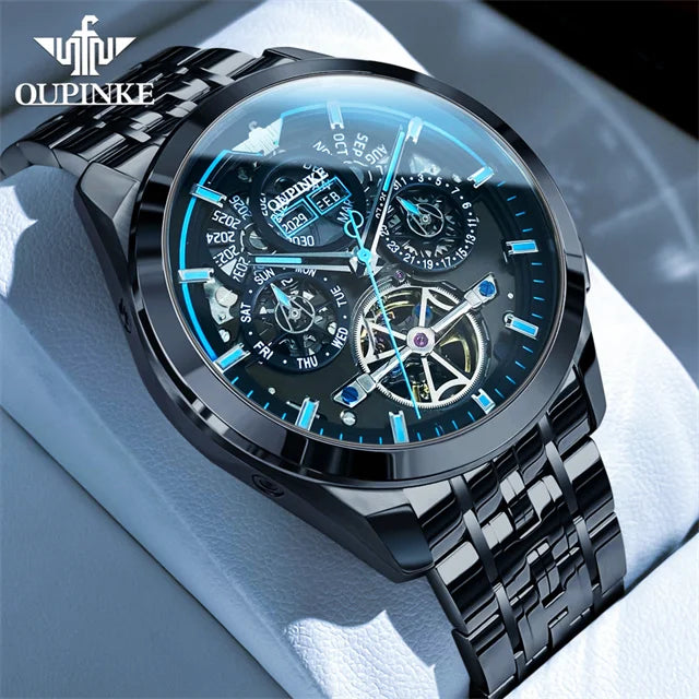 OUPINKE 3235 Black Skeleton Flywheel Automatic Mechanical Watches for Men- Multi-Function Stainless Steel Luxury Brand Wristwatch