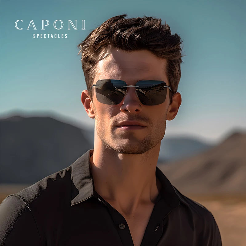 CAPONI Pure Titanium Photochromic Sunglasses- Rimless Polarized Driving Men's Sun Glasses with Ultra Light UV400 Brand Shades BS28923