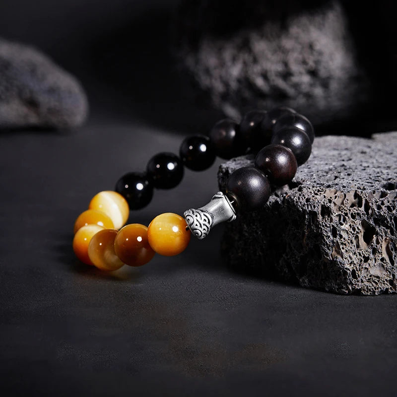 Men Bicolor Natural Tiger Eyes Obsidian Stone Bracelet- Lucky Crystals Charm Bracelet New Fashion Life Tree Jewelry