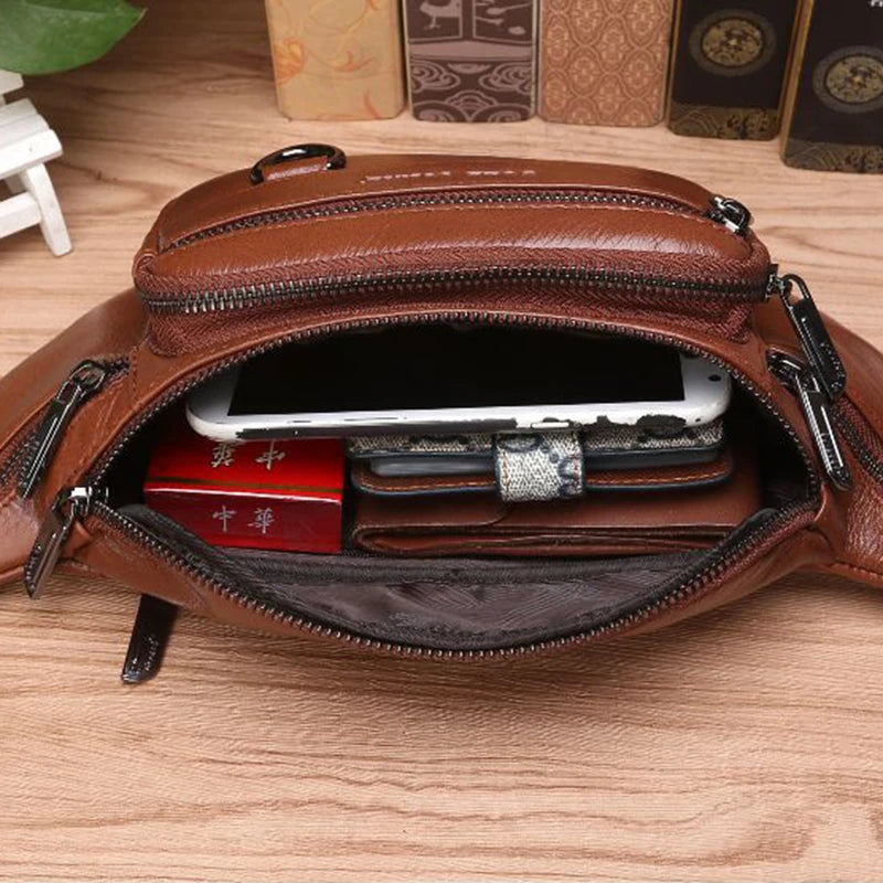 Genuine Leather Waist Fanny Pack Bag For Men- Travel Retro Natural Skin Male Purse Cross Body Sling Chest Hip Bum Belt Bags