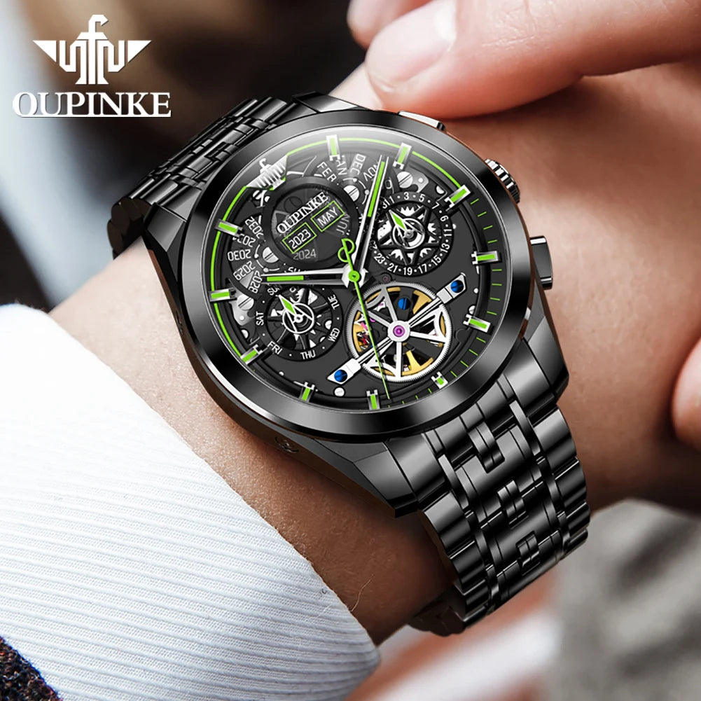 OUPINKE 3235 Black Skeleton Flywheel Automatic Mechanical Watches for Men- Multi-Function Stainless Steel Luxury Brand Wristwatch