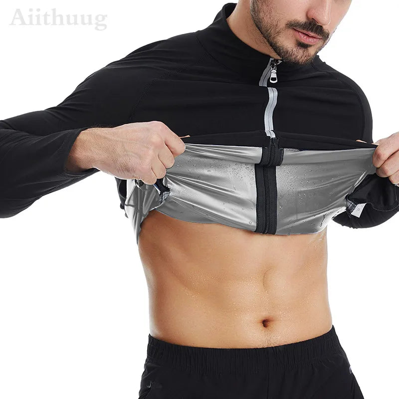 Aiithuug Sauna Sweat Jackets with Zipper Pockets Sauna Suit for Men- Sweat Zipper Long Sleeve Workout Jacket Men's Body Shaper