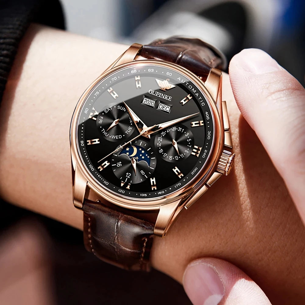 OUPINKE Luxury Men`s Automatic Mechanical Watch with Waterproof Moon Phase - DeRae's Shop For Goods