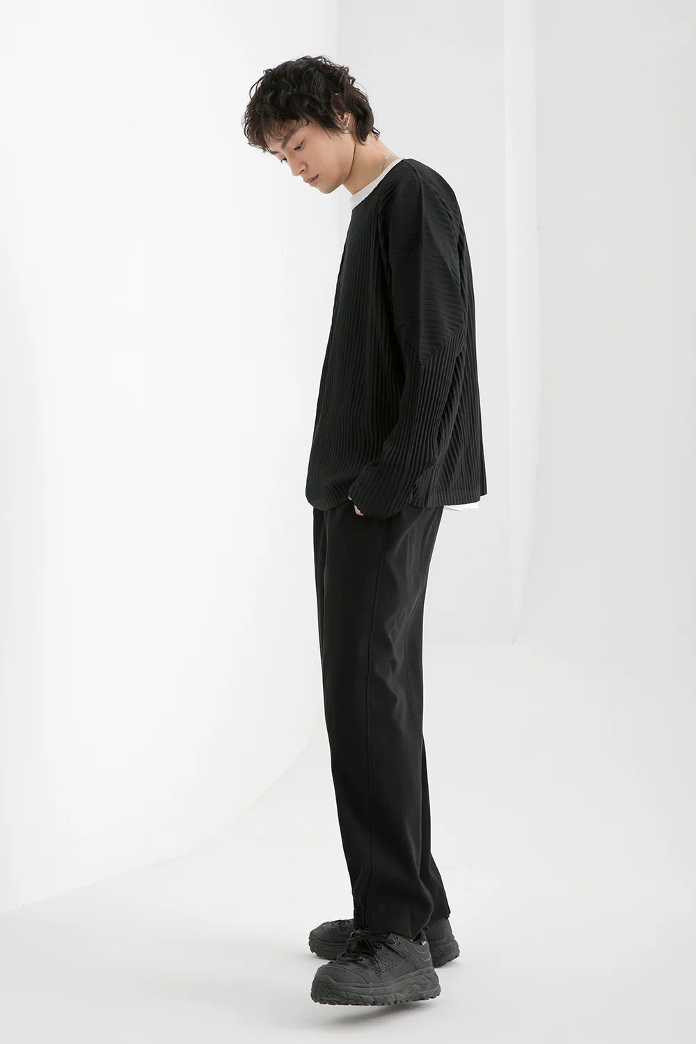 Miyake Pleated Full Sleeve Round Collar T Shirt For Men- Fashion Japanese Long Sleeve Streetwear