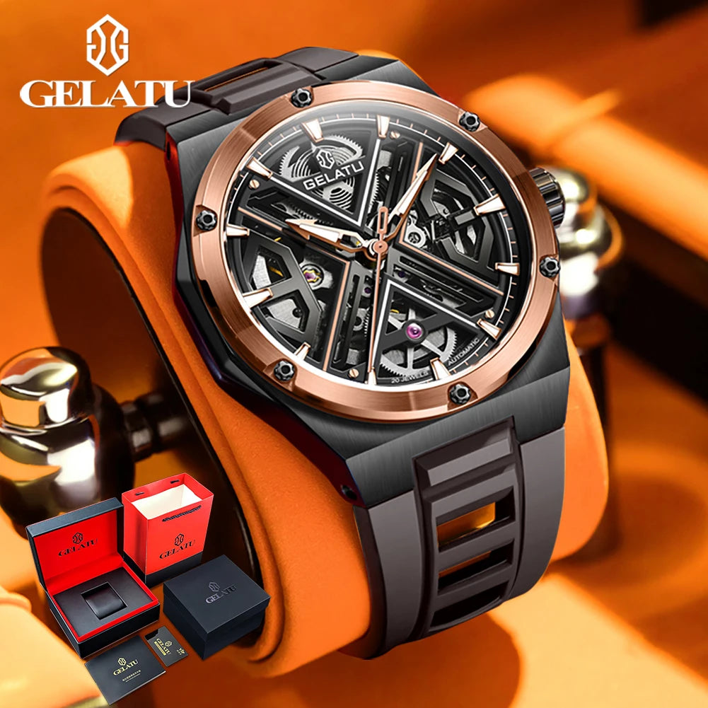GELATU 6006 Original Deep Waterproof Men`s Mechanical Wristwatch- Hollow Skeleton Sapphire Mirror Luxury Automatic Watch.
