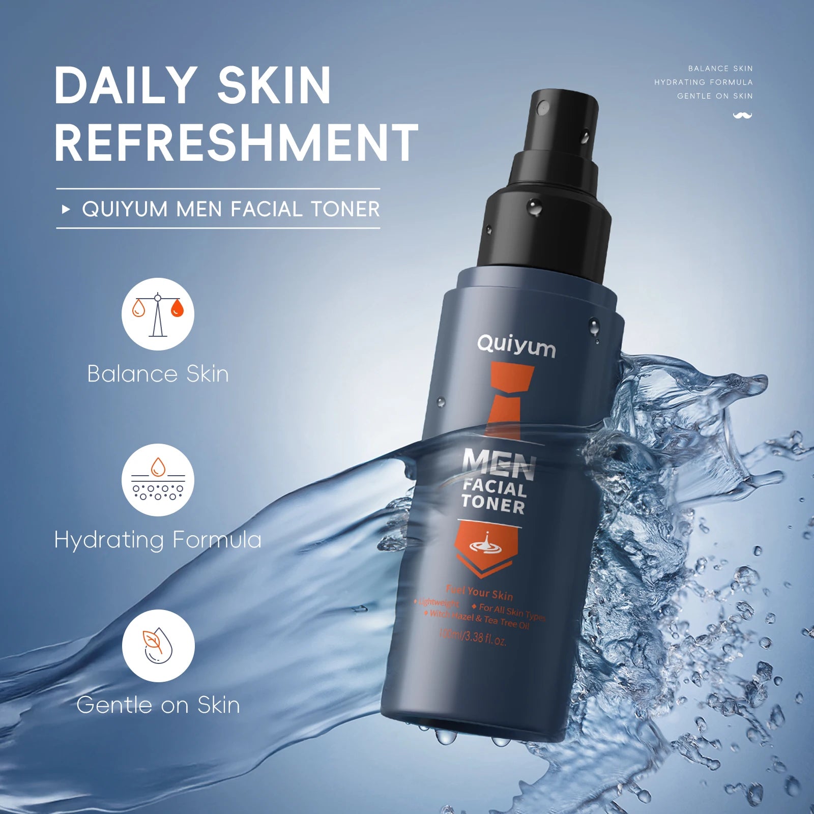 Quiyum Men Facial Toner 100ml- Oil Control Cool Hydration with Witch Hazel, Tea Tree & 5 Ceramides Strengthen Skin Barrier