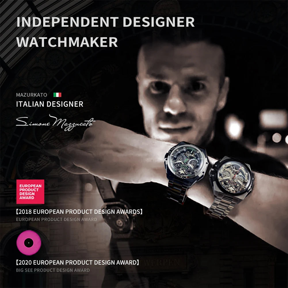 OUPINKE Original Brand & Italian Designer Men's Watches Waterproof Automatic Mechanical Watch Transparent Hollow out Wristwatch