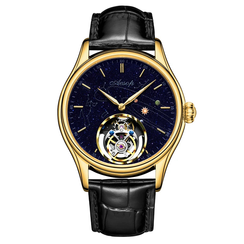 Super AESOP Flying Tourbillon Watch for Men- Milky Way Star Sapphire Dial Luxury Steel Band Mechanical WristWatches 1963