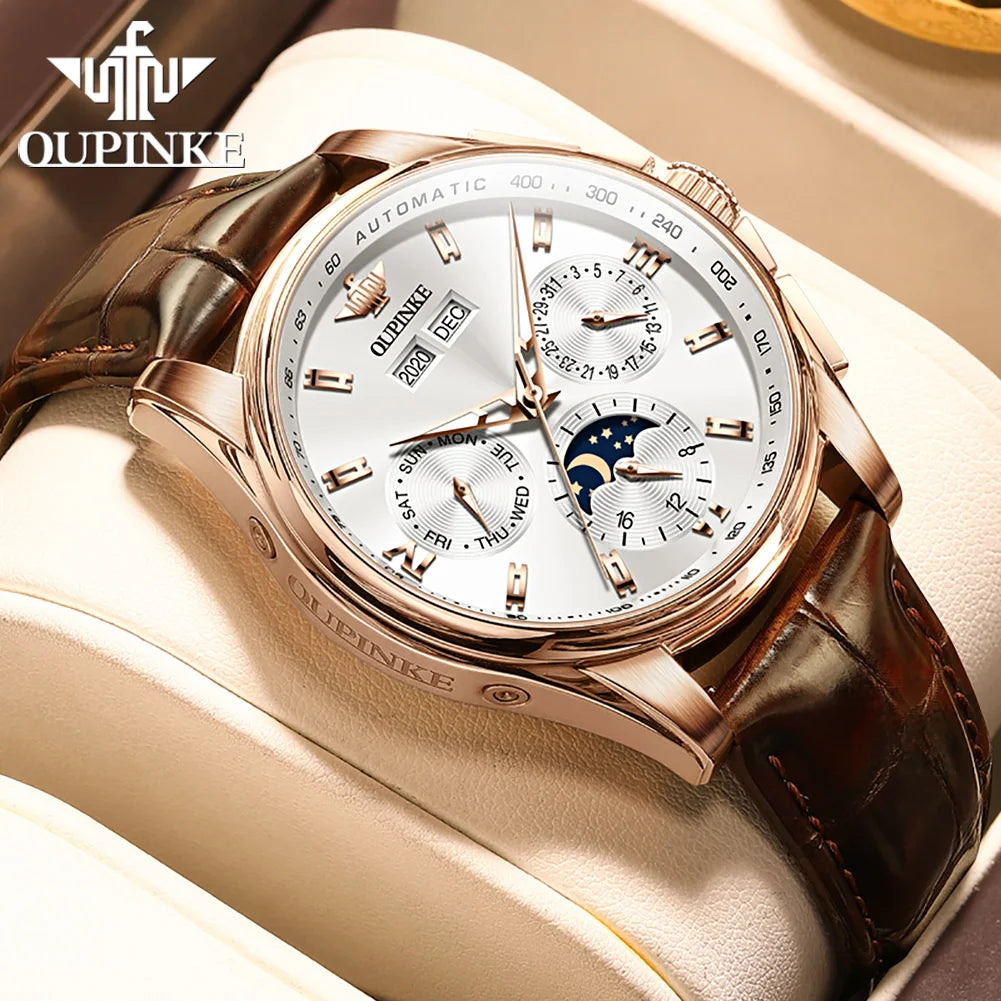 OUPINKE Luxury Men`s Automatic Mechanical Watch with Waterproof Moon Phase - DeRae's Shop For Goods