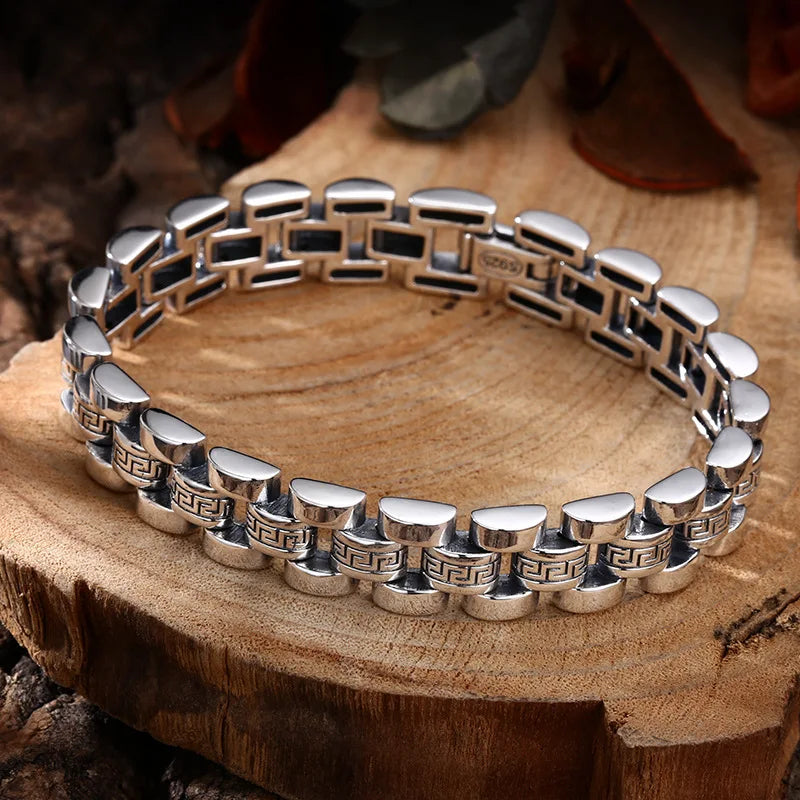 S925 Sterling Silver Bocai Vintage Personality Tank Chain "loop" Pattern Strap Bracelet
