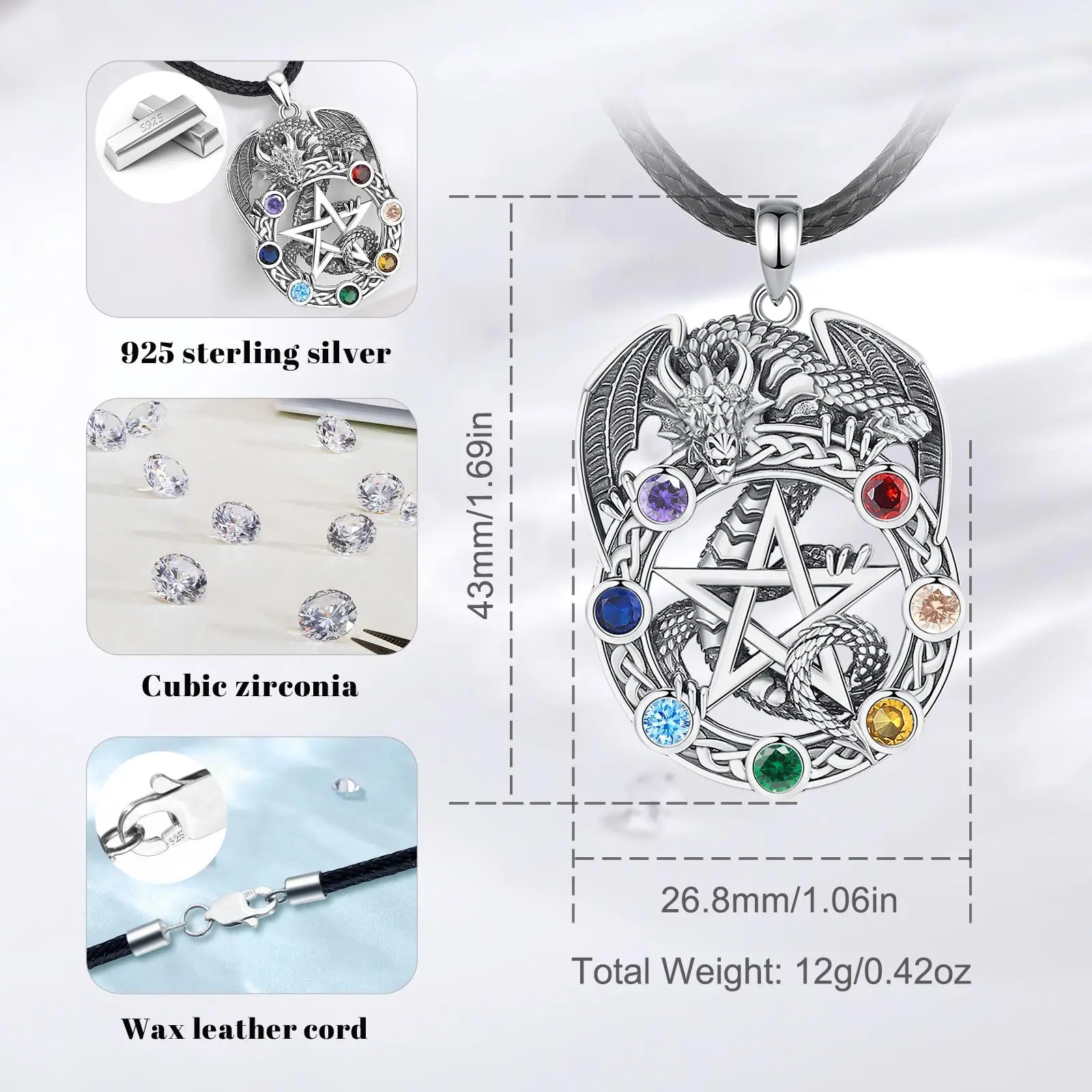 Eudora Original 925 Sterling Silver Pentagram Necklace Unisex -7 Color Chakra Star Tetragrammaton Pendant Personality