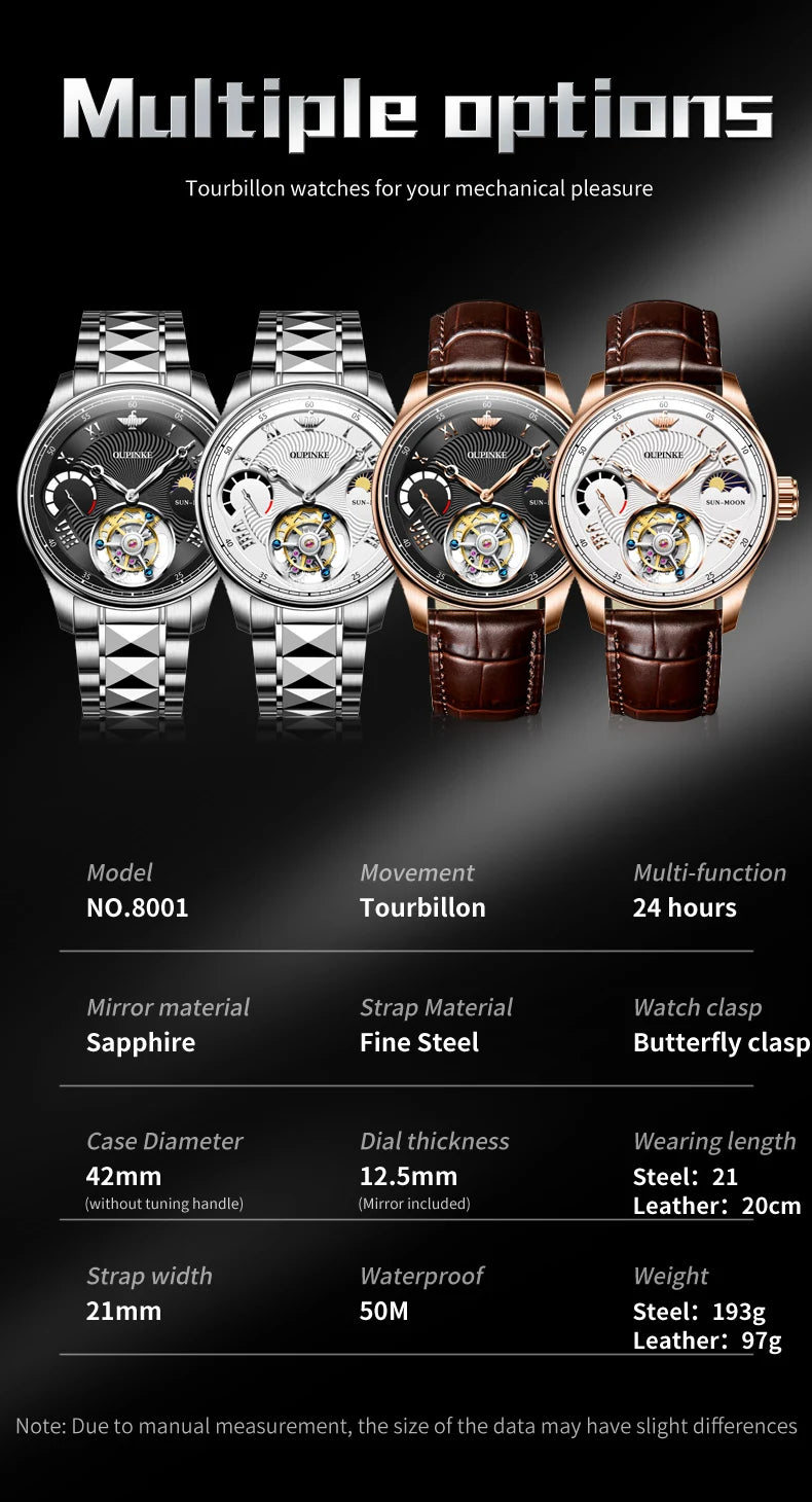 OUPINKE Tourbillon Movement Men`s Watch- Swiss TOP Brand Tungsten Steel Sapphire Mirror Automatic Mechanical Men's Wrist Watches