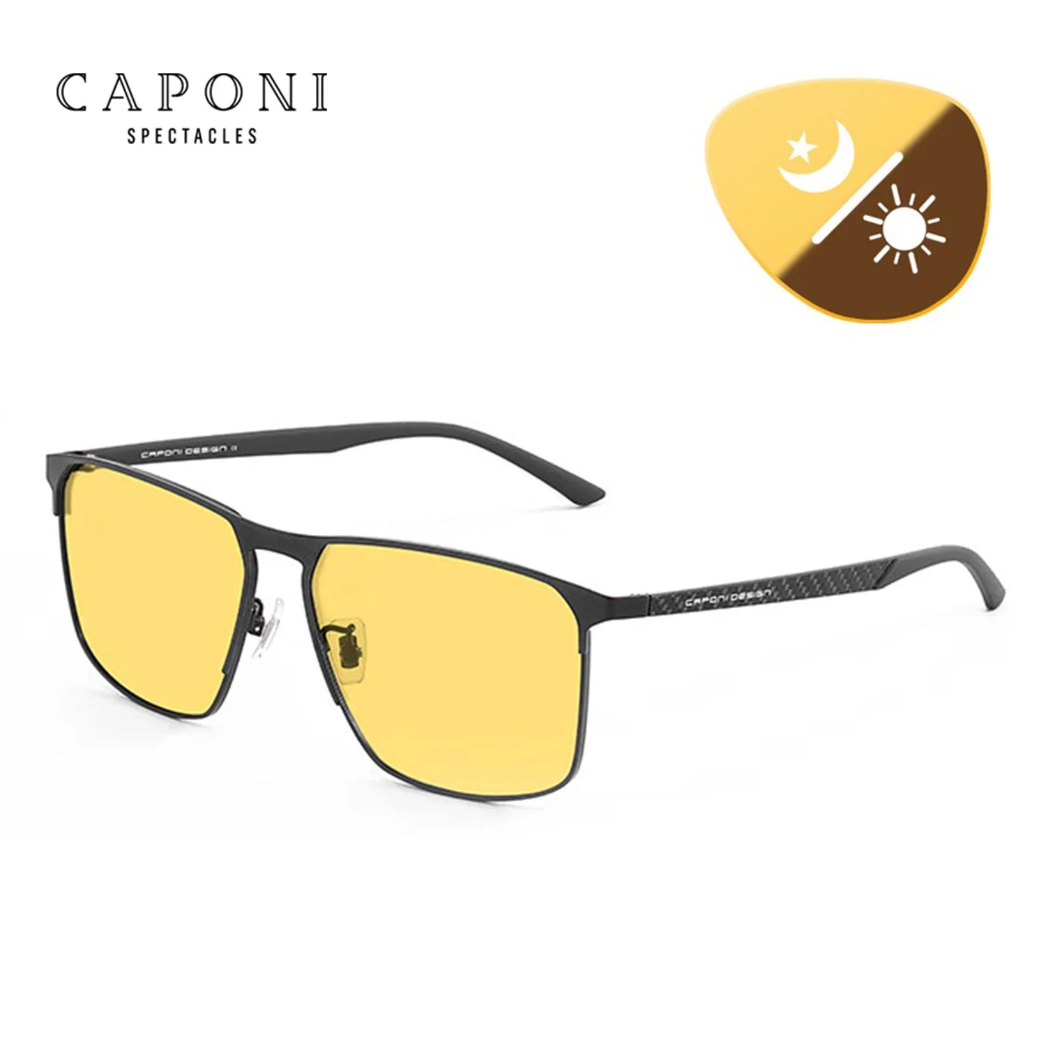 CAPONI Men’s Sunglasses Carbon Fiber Original Brand Design Yellow Glasses -Square Night Vision Sun Glasses For Driving BSYS28964