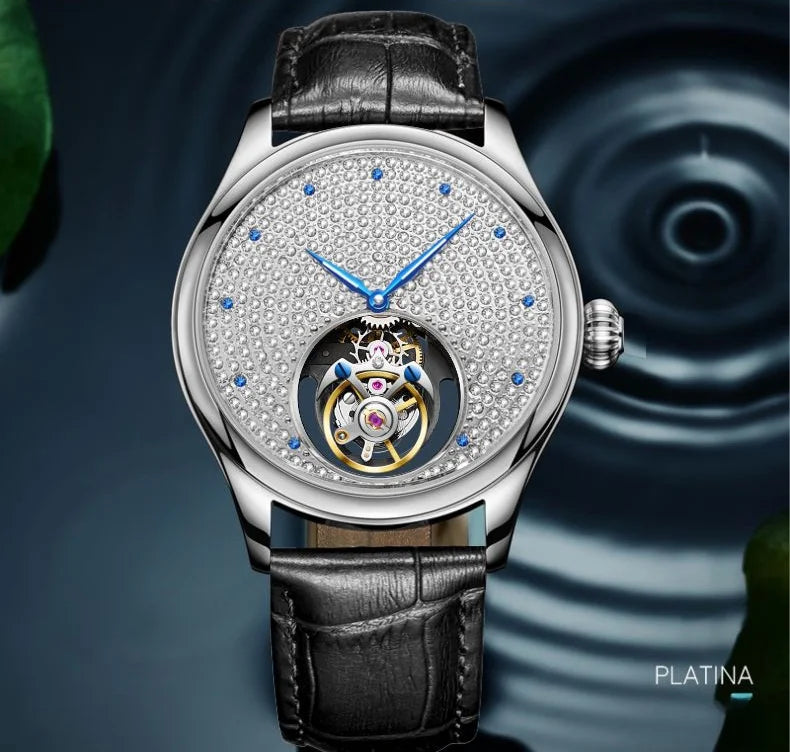 AESOP Luxury Starry Sky Men's Tourbillon Mechanical Watch, Manual movement Hollow Full Diamond Steel Watch, 3Bar Leather Strap A