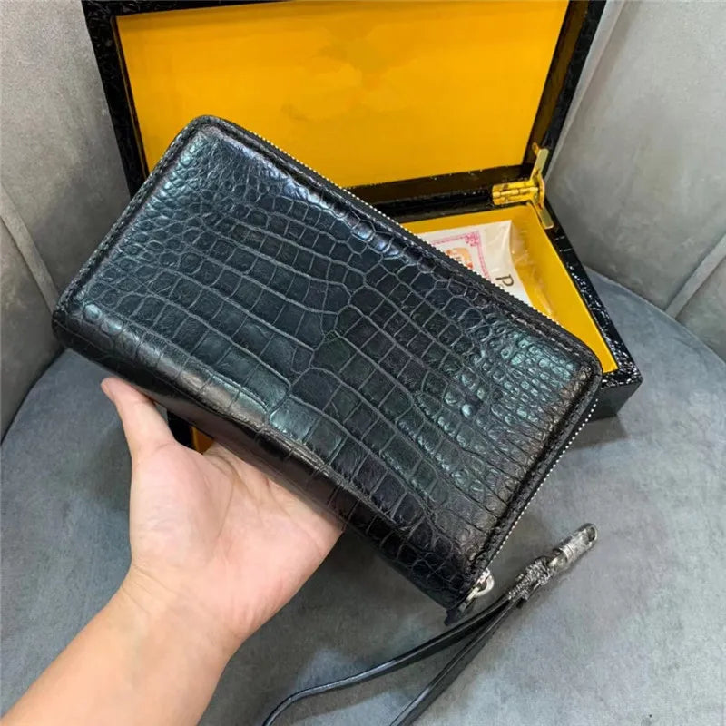 Authentic Crocodile Skin Businessmen Long Organizer Wallet Wristlets Clutch Bag- Genuine Real Alligator Leather Men`s Card Purse