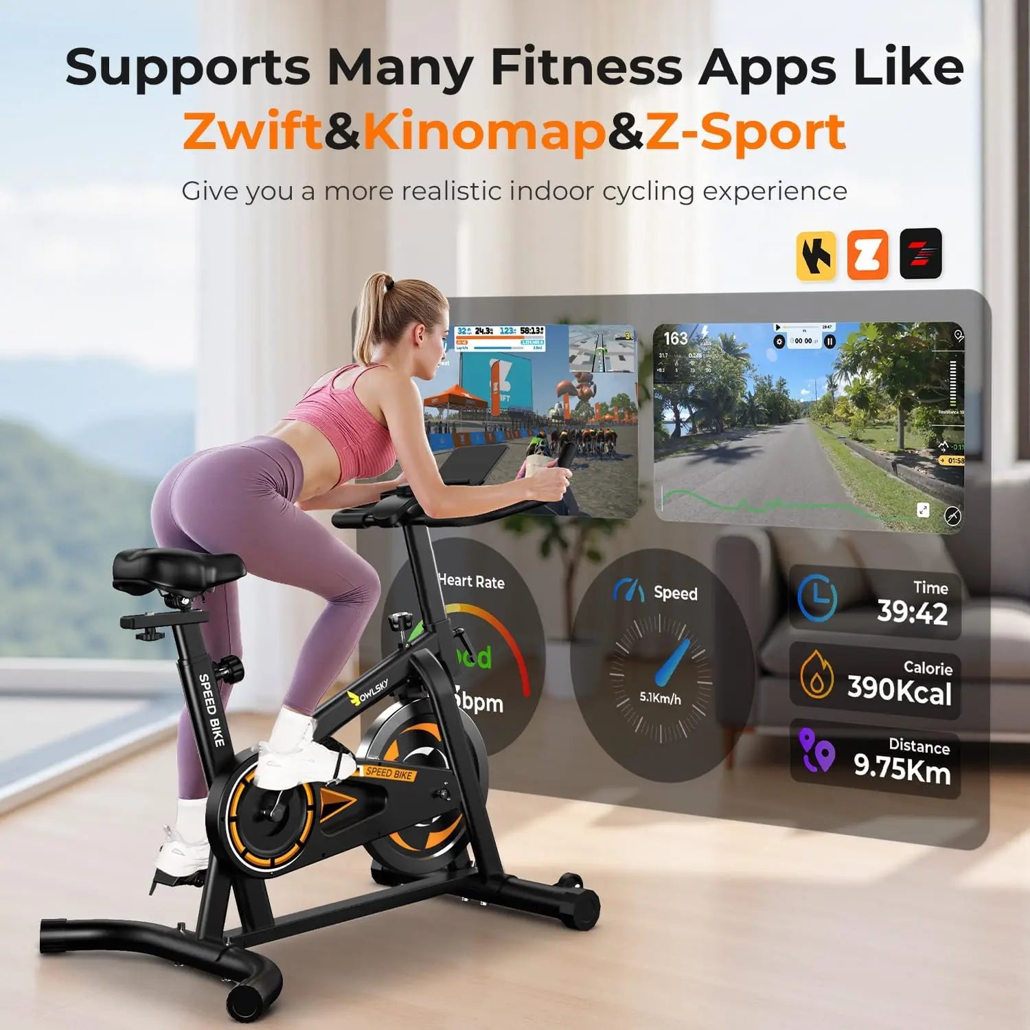 OWLSKY Exercise Bike, Stationary Indoor Cycling Bike for Home Gym with App, 300 LBS Weight Capacity & Magnetic Resistance Spin Bike with Bluetooth.
