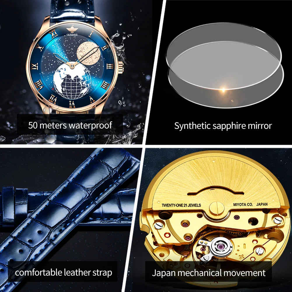 OUPINKE Moon Phase Watch for Men- 3D Earth Starry Star Rotating Dial Automatic Mechanical Luxury Brand Men's Moonswatch