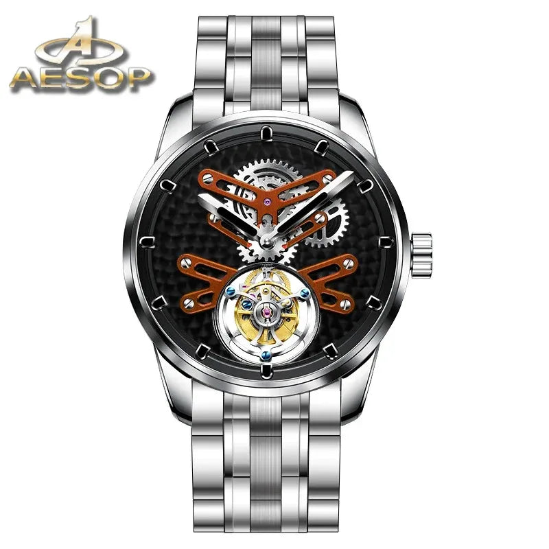 AESOP  Luxury Classic Wristwatch For Men- Skeleton Dial Tourbillon Men's  Automatic Mechanical Watch Stainless Steel and Waterproof