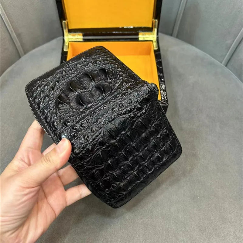 Authentic Exotic Alligator Leather Men's Short Black ZIP Bifold Wallet- Genuine Real Crocodile Skin Male Small Brown Card Holder