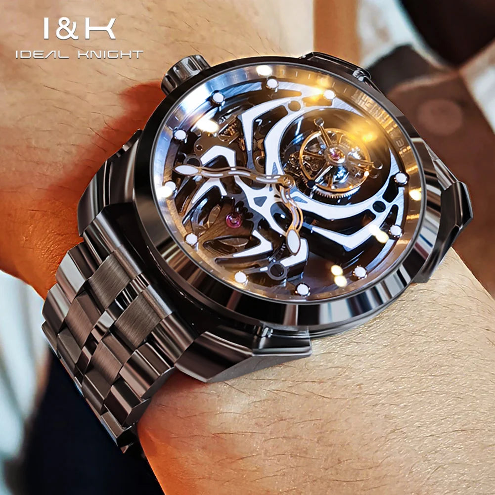 Ideal Knight 6802 Tourbillon Watch for Men- Black Tungsten Steel Deep Waterproof Luminous Spider Automatic Mechanical Men's Watch