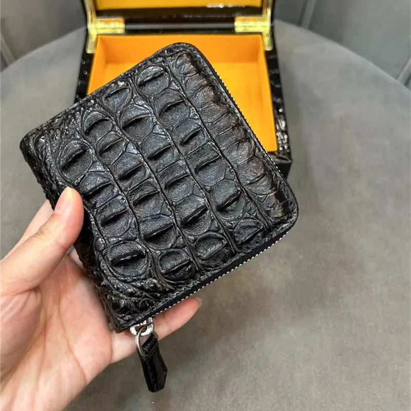 Authentic Exotic Alligator Leather Men's Short Black ZIP Bifold Wallet- Genuine Real Crocodile Skin Male Small Brown Card Holder