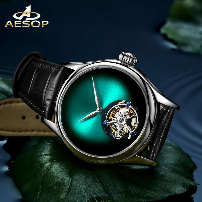 AESOP Men's Luxury Central Manual Tourbillon Mechanical Watch- Gradient Aurora Simple Advanced Light Luxury 3Bar Waterproof Watch