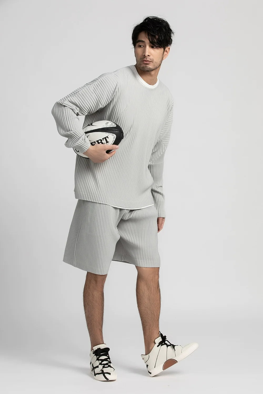 Miyake Pleated Full Sleeve Round Collar T Shirt For Men- Fashion Japanese Long Sleeve Streetwear