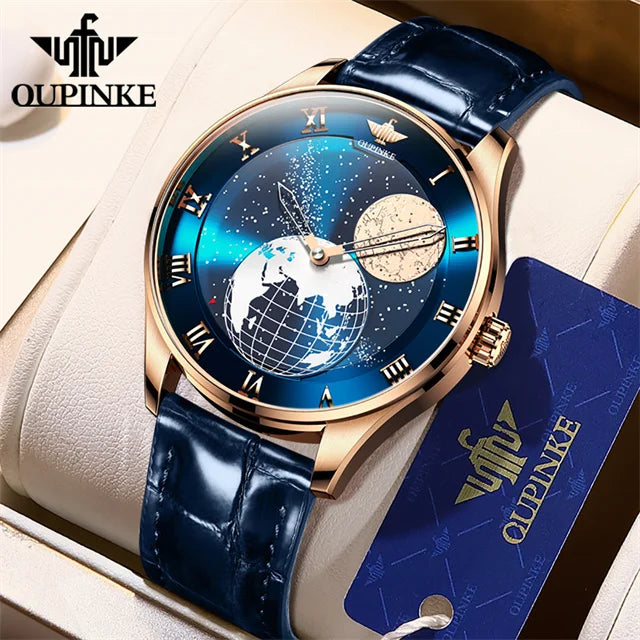 OUPINKE Moon Phase Watch for Men- 3D Earth Starry Star Rotating Dial Automatic Mechanical Luxury Brand Men's Moonswatch