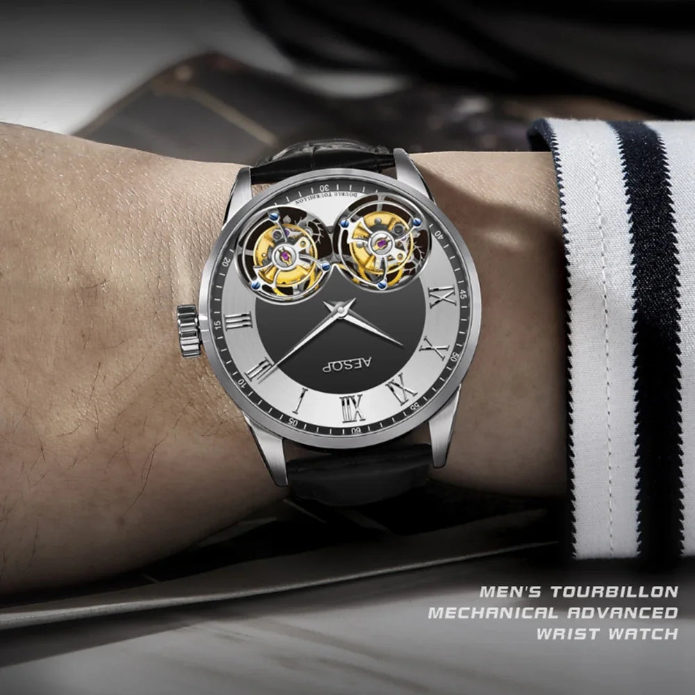 2025 Aesop Men's Double Tourbillon Watch- Hand Winding Movement Sapphire Business Fashion Male Mechanical Wristwatches Waterproof