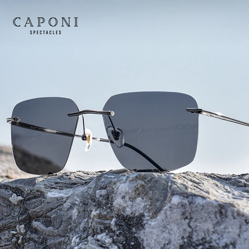CAPONI Outdoor Sunglass Men`s  Polarized  Photochromic Ultra Light Pure Titanium  Rimless Sunglasses UV400 Protection ﻿BS28923