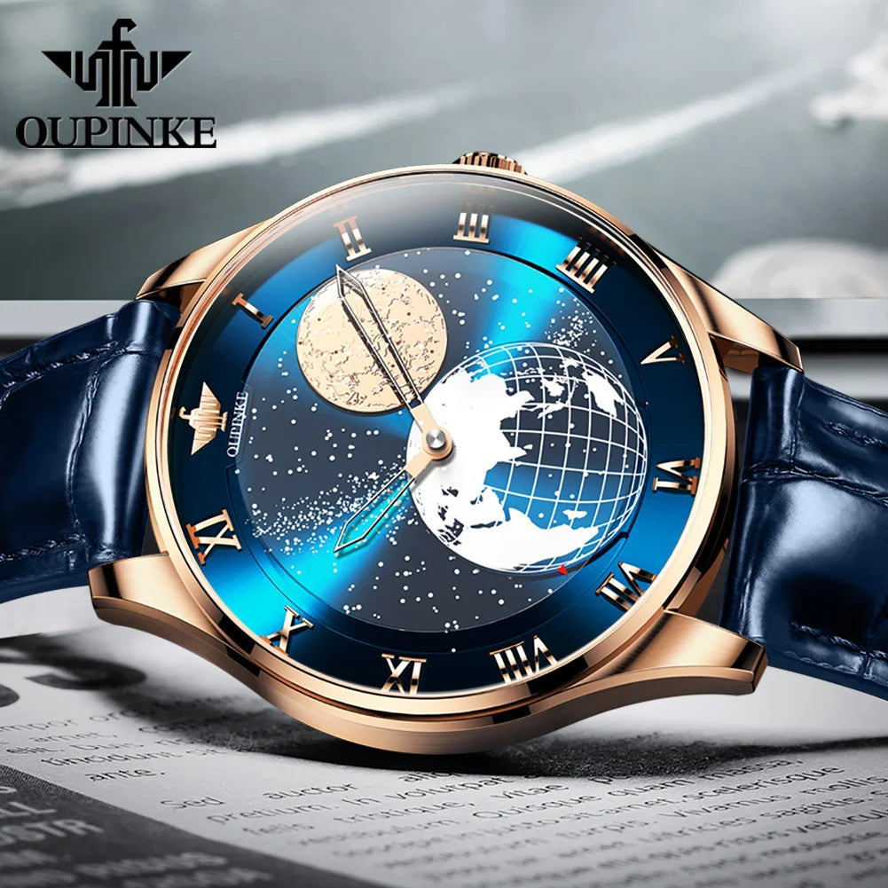 OUPINKE Moon Phase Watch for Men- 3D Earth Starry Star Rotating Dial Automatic Mechanical Luxury Brand Men's Moonswatch