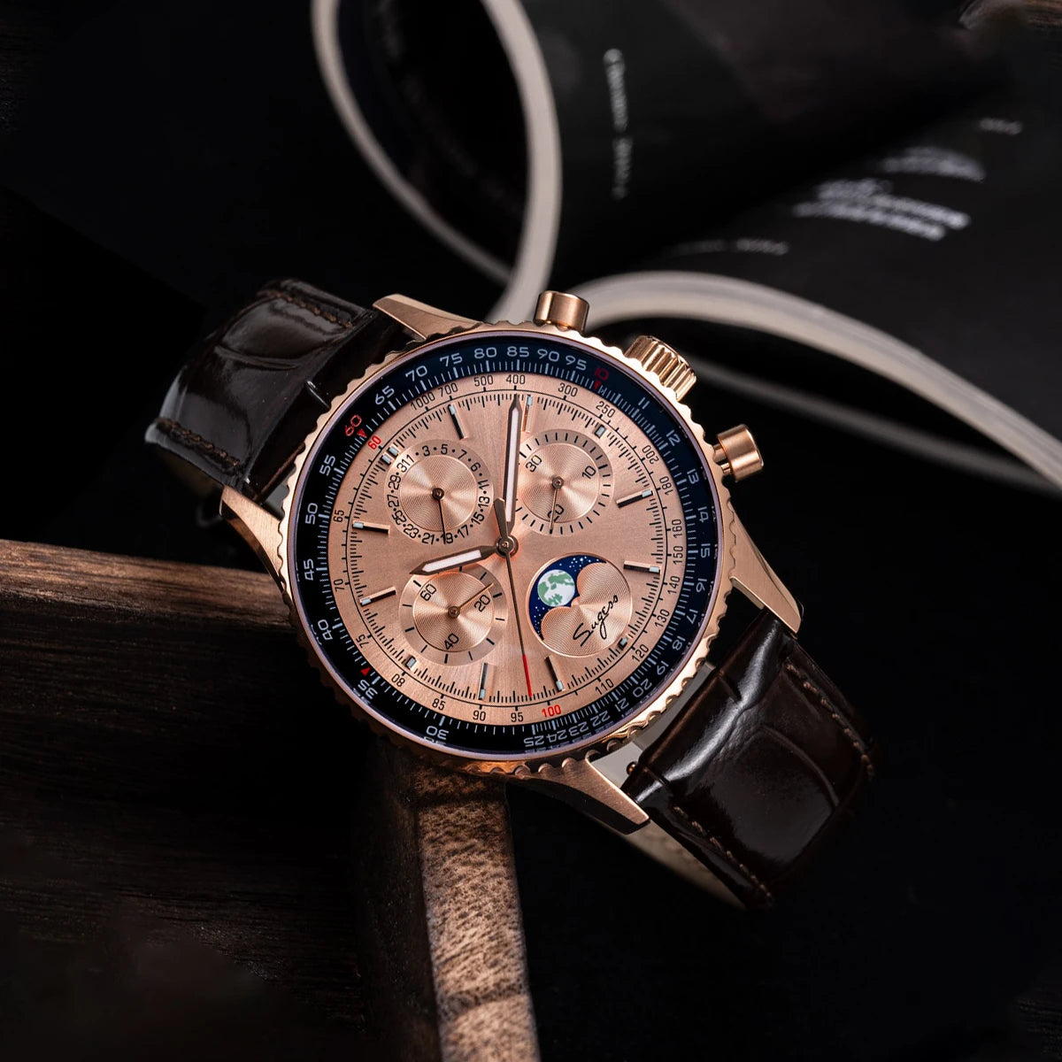 Sugess Watch- Mens Moonphase Pilot Chronograph Mechanical Wristwatches Tianjin ST1908 Movement  with Swanneck Sapphire Crystal Luminous Lens