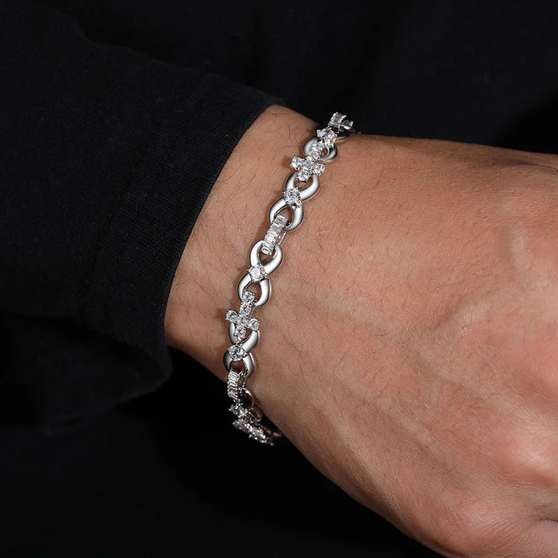 S925 Men`s Moissanite Sterling Silver Iced Out Cross Infinity Bracelet With Baguette Link