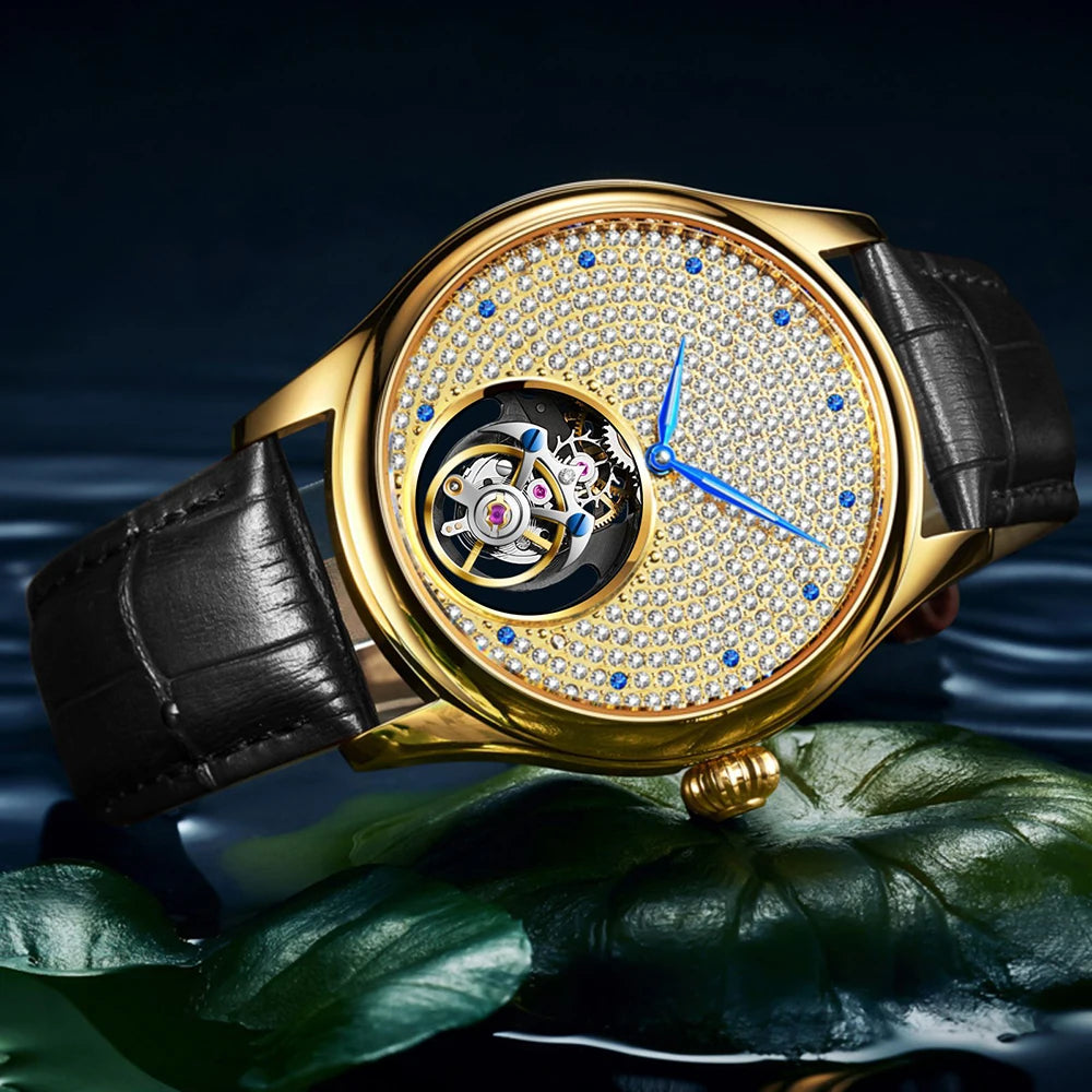 AESOP Luxury Starry Sky Men's Tourbillon Mechanical Watch, Manual movement Hollow Full Diamond Steel Watch, 3Bar Leather Strap A